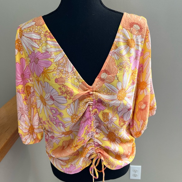 New H&M yellow orange and pink floral drawstring ruched blouse. Size XL - Picture 1 of 10